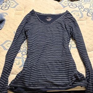 Sonoma Women's Navy and White Striped Long Sleeve Top
